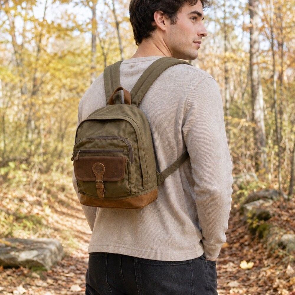 Vtg 90s Eddie Bauer Legacy Leather Canvas Backpack Olive Green Gorpcore